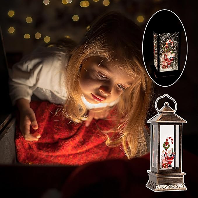 12" Christmas Snow Globe Lantern with Santa Claus - Water Glittering LED Light Lantern with Music - Vintage Xmas Angle Gift - USB Plug or Battery Operated Home Decor