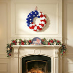 Patriotic Wreath 18 Inch American Flag Wreath for Front Door, Americana Plush Ball Red White and Blue with Stars Decor for 4th of July Memorial Day Veterans Day