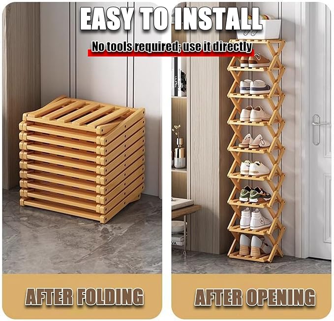 The 9-Tier No-Assembly Bamboo Rack, 2-9 Tier Folding Shoe Storage Rack, Space-Saving Organizer for Shoes, No Assembly Narrow Shoe Shelf for Entryway Closet Dorm (Natural, 5 Tier)