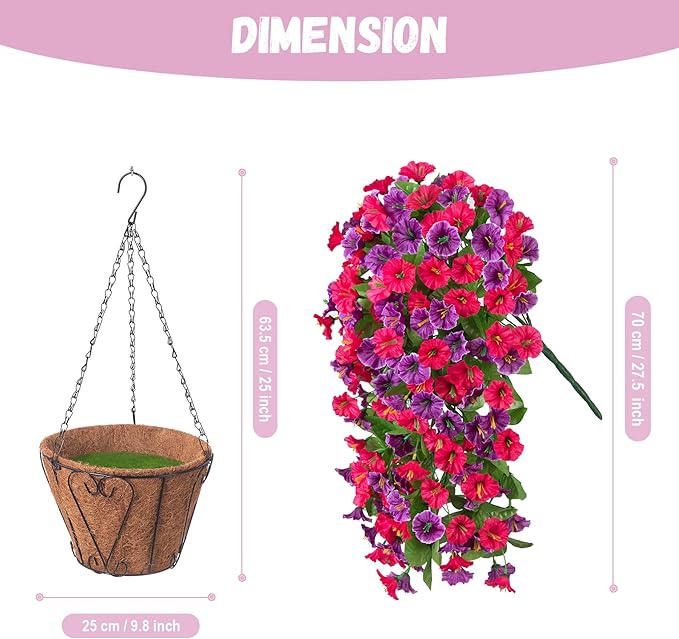 Artificial Flowers with Hanging Basket, Outdoor Faux Plants Silk Morning Glory Vines, Fake Green Arrangement for Garden Patio Spring Summer Decor(Hot Pink Purple)