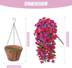 Artificial Flowers with Hanging Basket, Outdoor Faux Plants Silk Morning Glory Vines, Fake Green Arrangement for Garden Patio Spring Summer Decor(Hot Pink Purple)