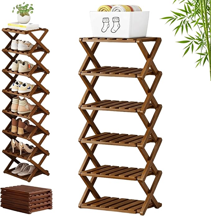 The 9-Tier No-Assembly Bamboo Rack, 3-9 Tiers Bamboo Shoe Rack, Foldable Bamboo Vertical Shoe Organizer, Multifunctional & Space-Saving, For Entryway, Closet, Corner, Bedroom, Hallway (Walnut, 6Tiers)