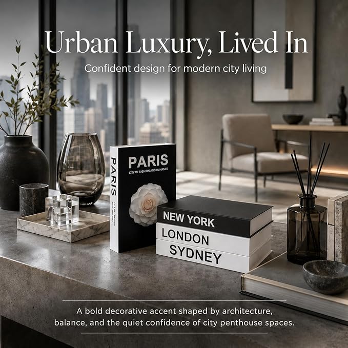 PROBENEX Urban Large 4 PCS Faux Decorative Books | Not Real Books, Cardboard Foldable Display Props | NYC London Paris Sydney City Theme Book Set | Modern Minimalist Coffee Table Decor