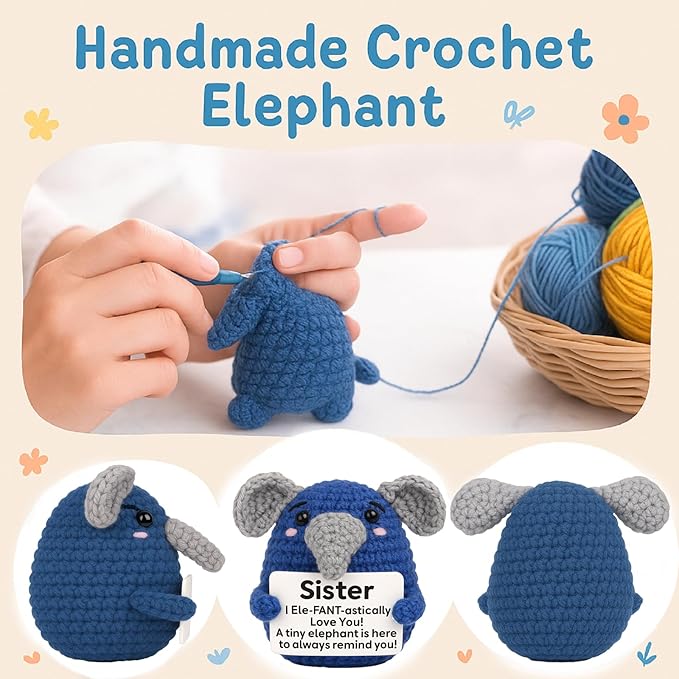 Funny Sister Gifts, Handmade Crochet Elephant Doll, Cute Emotional Support Animal Gift for Sister Bestie, Inspirational Love You Gift, Birthday Idea