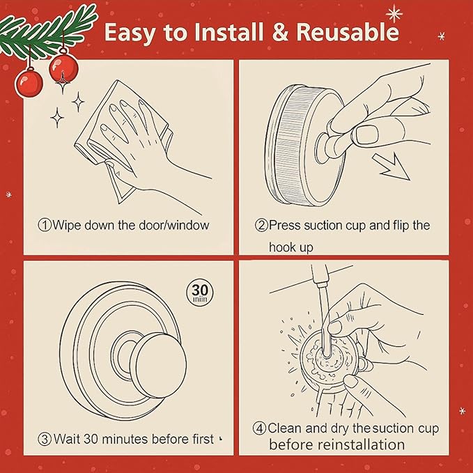 Suction Cup Hooks for Wreaths for Glass，twist suction cup hooks, No Damage Wreath Hanger for Glass Doors, Magnetic Door Hooks for Wreaths, Wreath Hanger Suction Cup for Front Door (Walnut, 4-Pack)