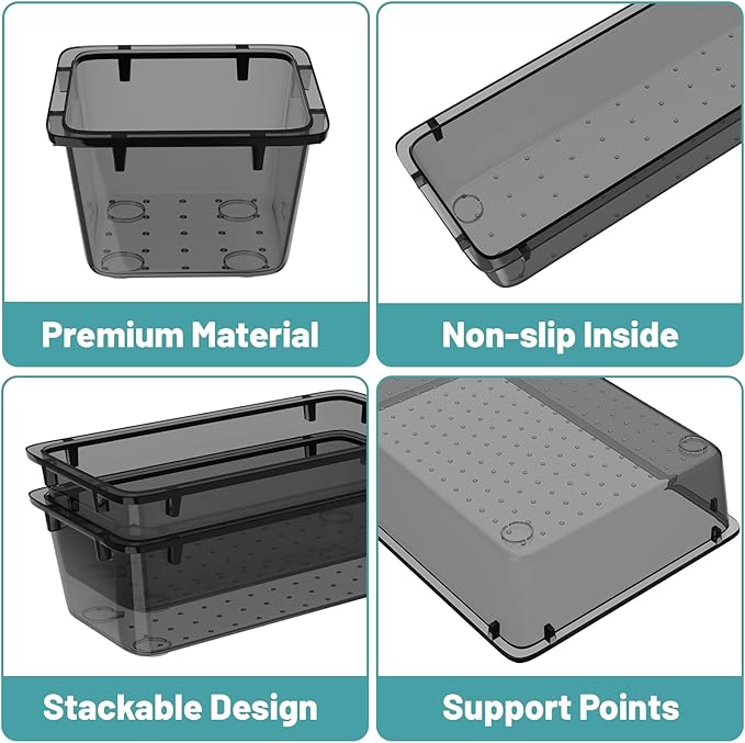 WOWBOX 40 PCS Clear Plastic Drawer Organizer Set, 4 Sizes Desk Drawer Organization and Storage Containers for Makeup, Cosmetics, Jewelry and Gadgets in Kitchen, Bathroom, Bedroom, Office, Clear Black