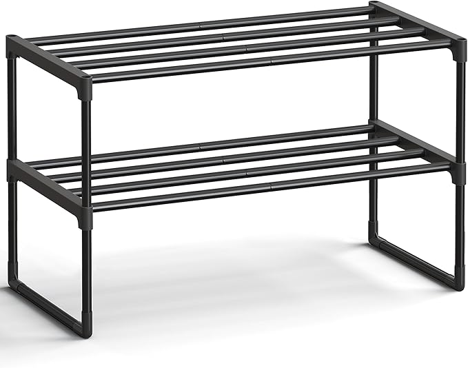 SONGMICS Shoe Rack, 2-Tier Shoe Organizer, Metal Storage Shelf, Upright or Upside Down, for 6-9 Pairs, Stackable, for Entryway, 11.8 x 26.8 x 14.6 Inches, Black ULSA202B01