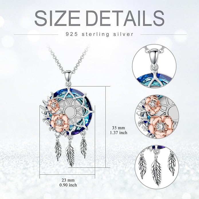 Dream Catcher Crystal Pendant Flower Urn Necklace Jewelry 925 Sterling Silver Keepsake Cremation Necklaces for Human Pet Ashes for Women