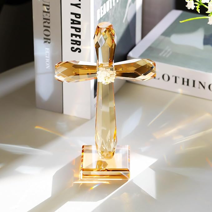 YWHL Champagne Crystal Standing Cross Figurine, Religious Gifts for Women Men, Handmade Glass Holy Easter Cross Collectible Figurines Decoration, Christian Cross for Home Office Decor