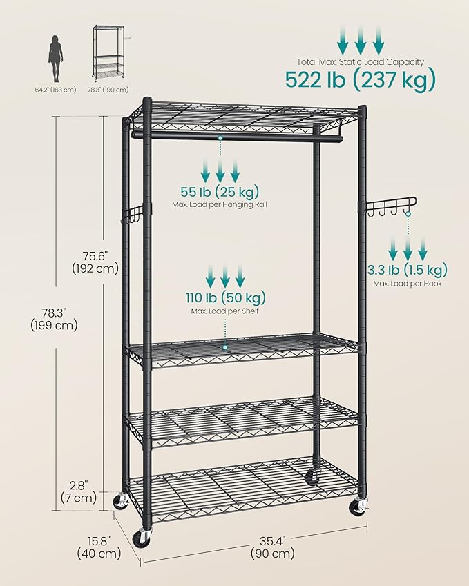 SONGMICS Heavy-Duty Rolling Clothes Rack, Garment Rack, Portable Closet on Wheels, with Adjustable Mesh Shelves and Hanging Rails, Hooks, 15.8 x 35.4 x 78.3 Inches, Ink Black ULGR418BH01