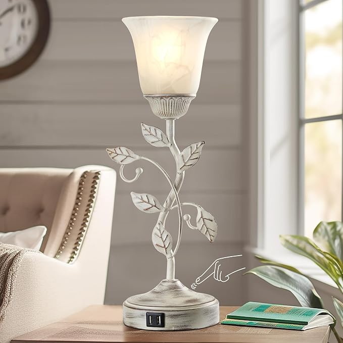 Rustic Touch Table Lamp for Bedroom, 3-Way Dimmable Nightstand Lamp with 2 USB Ports, Retro Vintage White Glass Shade Leaf Desk Lamp for Living Room Entryway, LED Bulb Included