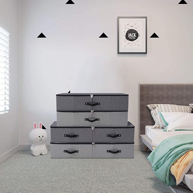 Omygarden Under Bed Storage Bins with Lids, Closet Organizers, Foldable Under-bed Storage Baskets for Sheets, Clothes, Quilts, Sweaters, Wrapping Paper, 29x15x7inch, Black Gray, 2PCS