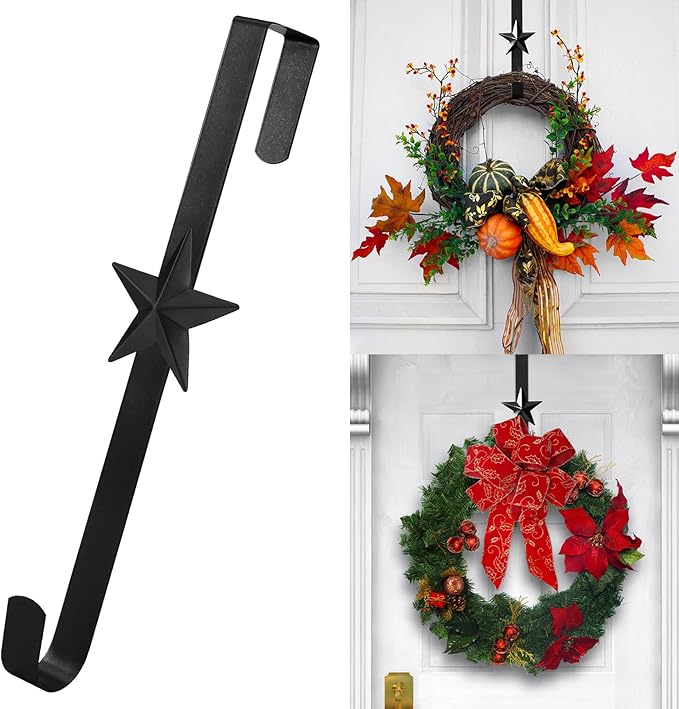 15 inches Christmas Decorative Wreath Hangers for Front Door;Over the Door Hooks (Black, Five-Pointed Star)