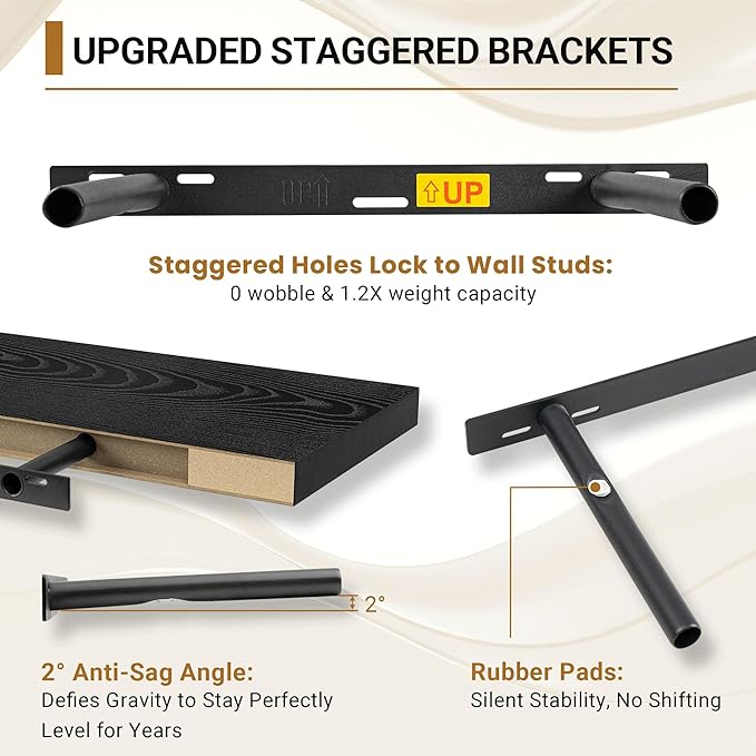 Vivelove Black Floating Shelves 16 Inches Wide, 12" Deep Wall Shelves for Bedroom, Bathroom, Living Room, Kitchen, Office, Rustic Home Decor Shelf with Invisible Brackets, 15.7X12X1.5, Set of 2
