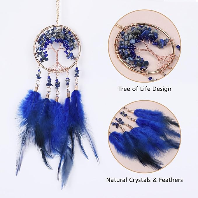 Pretty Jolly Small Tree of Life Crystal Stone Dream Catchers Deepblue Feathers Mini Dreamcatchers for Car Rear View Mirror Hanging Decoration Good Luck Travel Charm Bedroom Ornaments for Women Girls