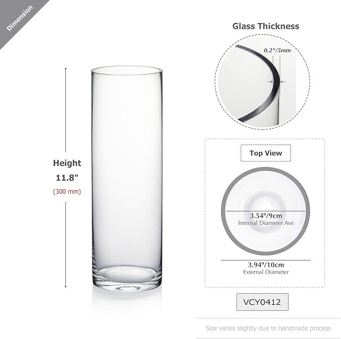 WGVI Quality Thick Weighted Clear Cylinder Glass Vases, 4" W x 12" H, Flower Arrangement Floating Candle Holders Wedding Centerpieces Terrarium Planter Floral Storage Container, Bulk Wholesale, 6 Pcs