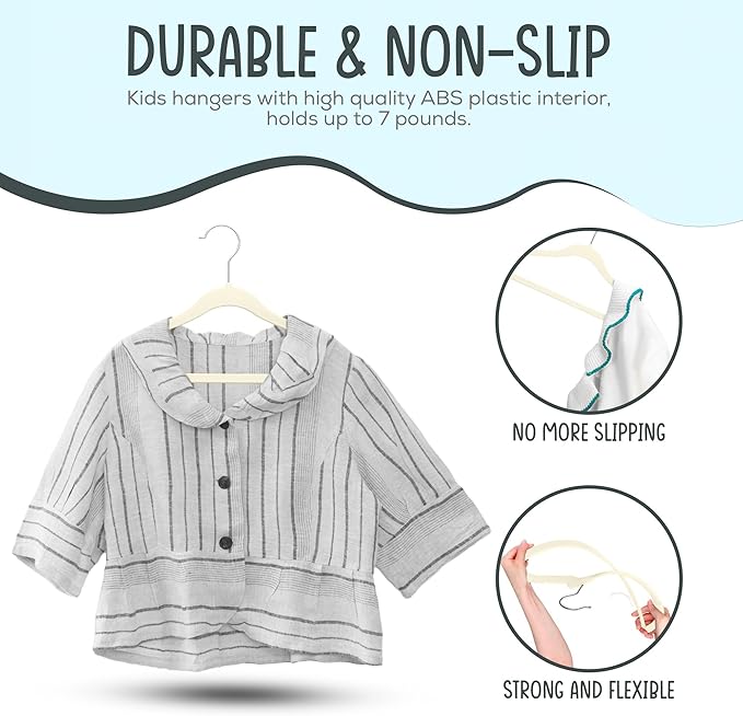 50 Premium Kids Velvet Hangers - 14" Non-Slip Clothes Hangers for Kids & Preteens - Ultra Slim, Space-Saving, Strong & Durable Hangers with 360° Swivel Hook - Ivory