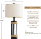 OYEARS 25" Table Lamps Set of 2 with Night Light, Rustic Bedside Lamps with USB C+A Charging Ports, Black Metal Lamp with Rope Accent and Frosted Glass, Farmhouse Lamps for Living Room Bedroom