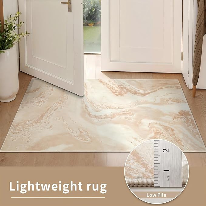 Ciicool Abstract Area Rug Indoor, 5x7 Washable Entryway Rug, Modern Soft Throw Entry Rug with Non-Slip Backing for Bedroom Living Room Entrance, Low-Pile Floor Carpet Doormat Light Brown Beige