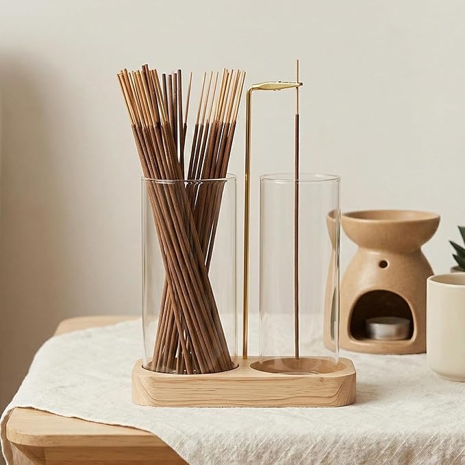Incense Holder, 2 in 1 Wooden Incense Holder for Sticks with 20 Incense Sticks, Anti-ash Incense Burner with Glass Ash Catcher, Wood Incense Holder 20 Stick (2 in 1 Square)