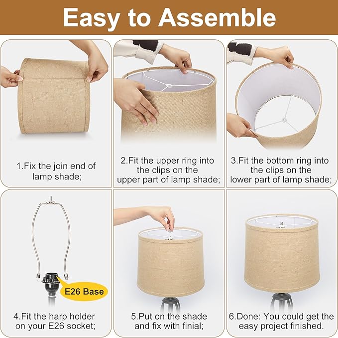 Burlap Lampshades Set of 2, 11.6" Top x 12.6" Bottom x 9.8" High, Brown Drum Shades for Table & Floor Lamps (Spider Fitter), Hand Crafted, Assembly Required