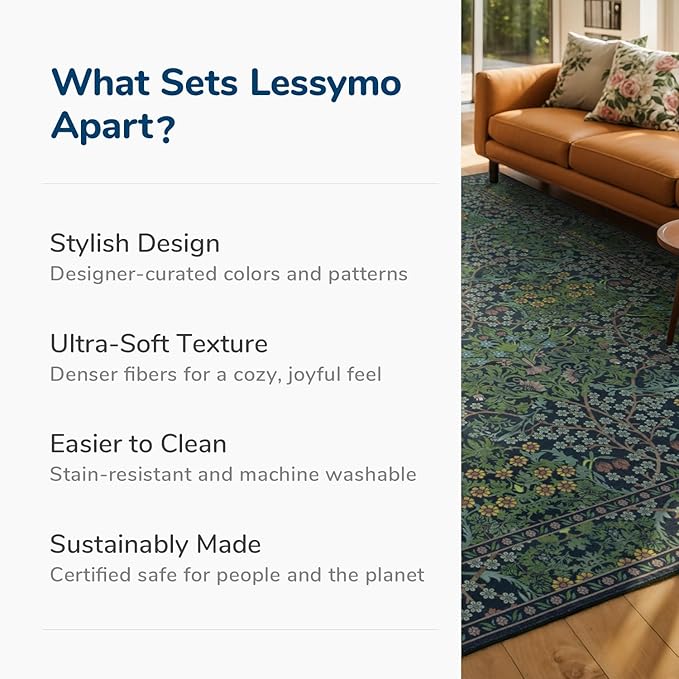 Lessymo Floral Forest Green 3x5 Area Rugs for Entryway, Kitchen, Bedroom Beside Rug Soft Non-Slip Small Carpet for Living Room, Laundry Room, Vintage Distressed Boho Flower Print