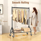 EAGMAK Heavy Duty Clothes Rack Load 420 LBS, Rolling Garment Rack with Lockable Wheels, Standing Metal Clothing Rack with Shelves, Portable Wardrobe Sturdy Coat Rack for Hanging Clothes (Black)