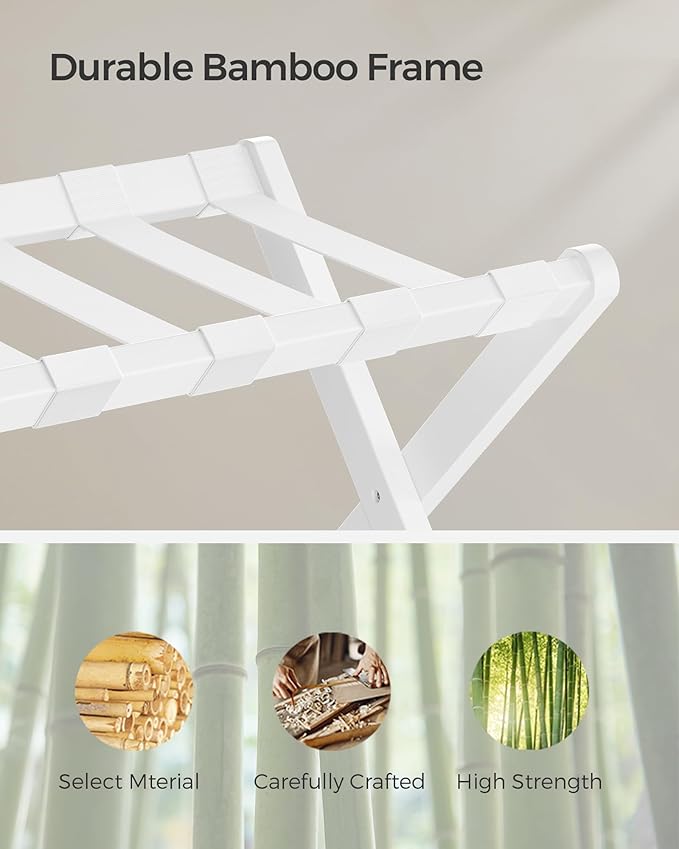 SONGMICS Luggage Rack, Folding Suitcase Stand with Storage Shelf, for Guest Room, Hotel, Bedroom, Heavy-Duty, Holds up to 131 lb, Classic White URLR007W01
