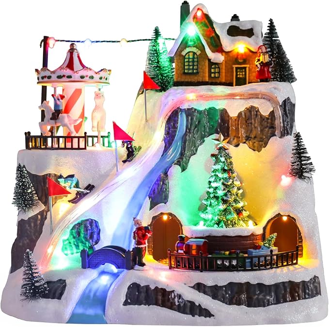 WONDER GARDEN Christmas Village Houses-Christmas Houses Village - Lighted Musical Ski Resort Collectible Buildings with Moving Train, Rotating Tree and Carousel for Indoor Decor or Gift