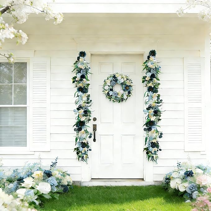 Idyllic 6 Ft Blue Rose Vine Garland - Artificial Spring Floral Garland for Wall Decor, Window, Mantle, Wedding, Home Decor - Faux Long Hanging Vine with Leaves