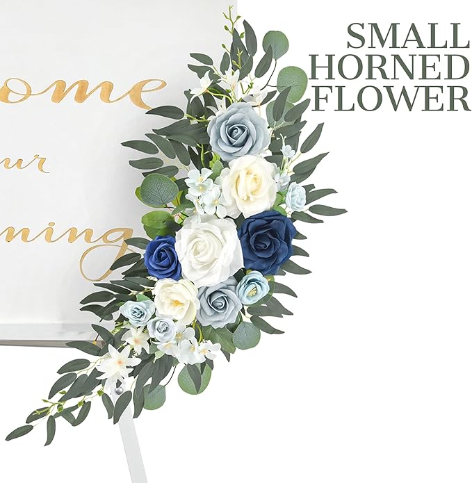 Ting's time Wedding Arch Flowers Pack of 2 Artificial Silk Large Flower Swag Welcome Sign Floral Swag Reception Backdrop Floral Decor for Fall Wedding Party Ceremony (Dusty Blue & White)