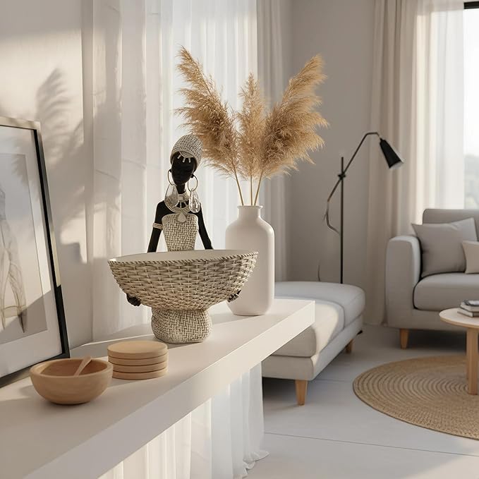 Lescafita Ivory White African Seated Woman Statue - Serene Tribal Figure with Crystal Earrings, Minimalist Resin Home Decor for Shelves/Desks (9" H)