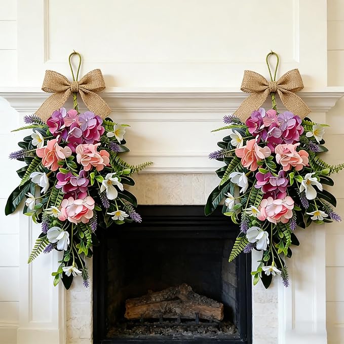 2 Pack 22'' Summer Tropical Swag Wreaths for Cabinets Artificial Hibiscus Flowers Teardrop Wreath with Palm Leaf and Fern Fronds Floral Wreath Hanger for Farmhouse Front Door Porch Window Wall Hanging