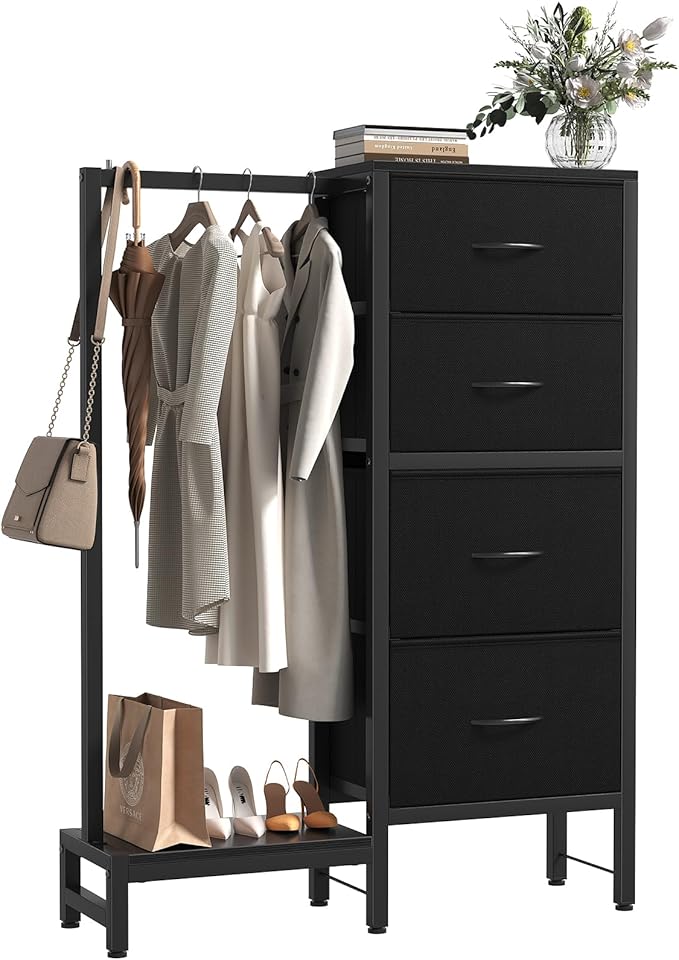 OLIXIS 4 in 1 Storage with Hanging Rack, Clothes Rack Shoes Rack, Bag Hook, Tall Storage Tower, Sturdy Frame for Bedroom Entryway Living Room Black