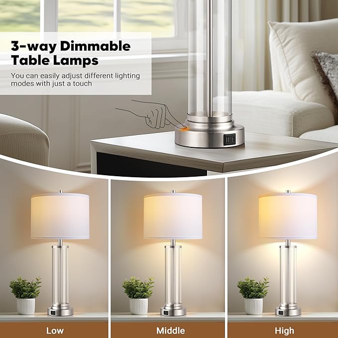 QiMH Touch Control Table Lamps Set of 2 with USB A+C Ports, 3-Way Dimmable Bedside Lamp for Living Room Bedroom House, Modern Nightstand Lamp with 2 LED Bulbs