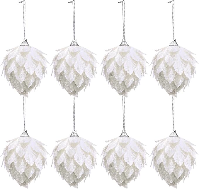 Jetec 8 Pieces Christmas Ornaments Glitter Christmas Tree Hanging Decoration Decorative Artificial Pine Cones Flowers Hanging Ornaments for Winter Wreath Holiday Decor(White)