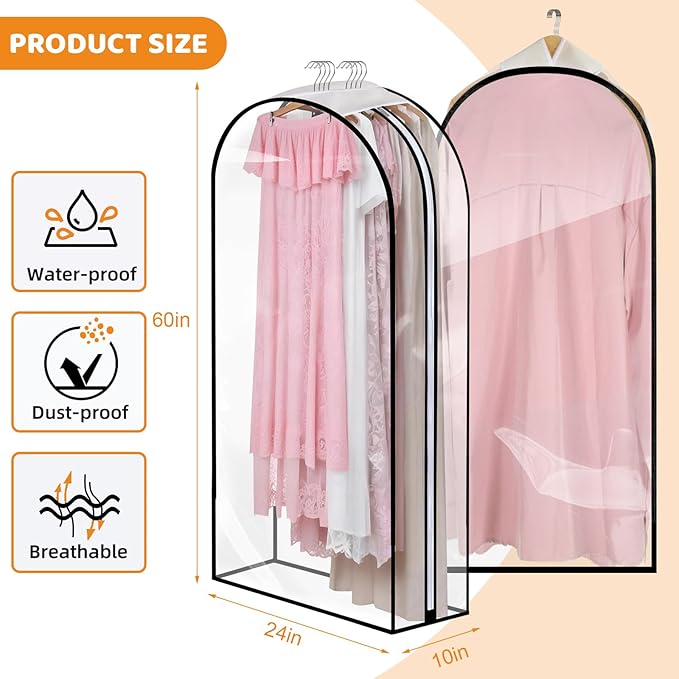 4 Pack Clear Garment Bags with Side Zipper, 60" Clothes Covers with 10" Gusset, Transparent Hanging Suit & Coat Covers for Closet Storage, Jackets, Dresses, Windbreakers