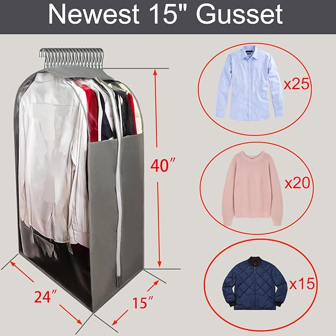 15" Gusseted Suit Bags for Closet Storage, 40" Clear Garment Bags for Hanging Clothes, Completely Sealed Suits Covers and Dust-proof Protector with Full Heavy-duty Side Zipper for Travel, 4-Pack