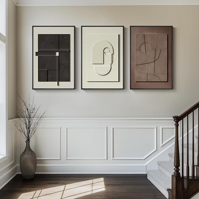 Large 3D Textured Framed Abstract Wall Art for Living Room, 3 Piece Modern Paintings Artwork for Walls, Black White Brown Geometric Sandstone Texture Pictures for Hallway Office Home Decor 24x36 In