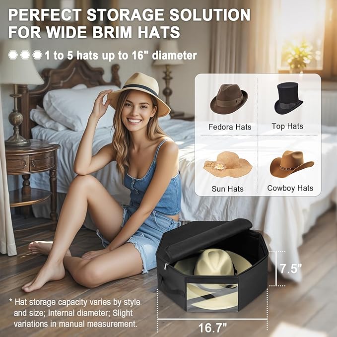 Hat Box for Travel & Home Closet Storage, Side Reinforced Octagonal Case, Crush-proof, Dust-proof for Cowboy, Panama & Fedora Hats, Black