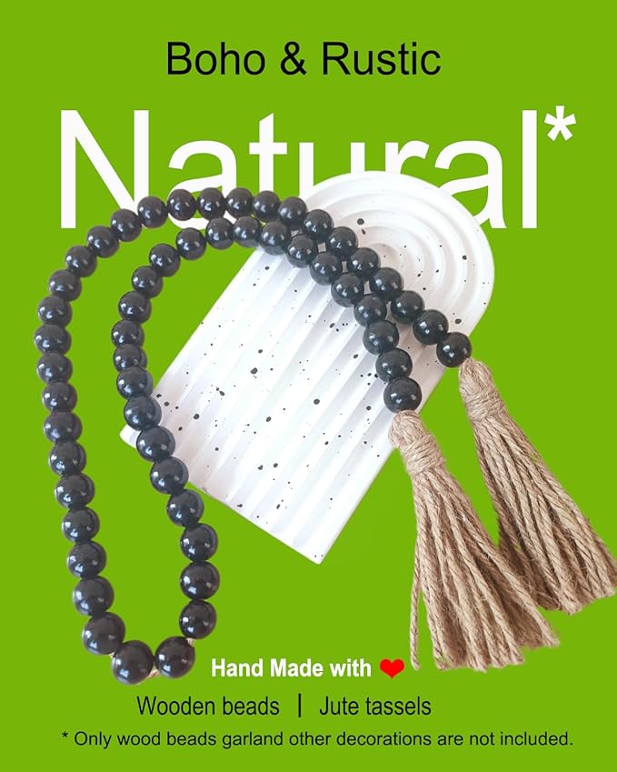 Boho Decor Wood Beads Garland Farmhouse Wall Hanging Decorations Natural Wooden Bead Tassel Decorative for Coffee Table Christmas and Prayer (Black, 39")