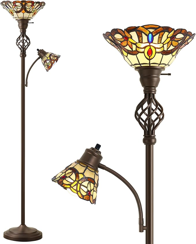 GyroVu Tiffany Floor Lamp, Torchiere Floor Lamps with Stained Glass Shade, 70" Tall Standing Lamp with Adjustable Gooseneck Reading Lamp for Living Room Bedroom Office, Bulbs Included