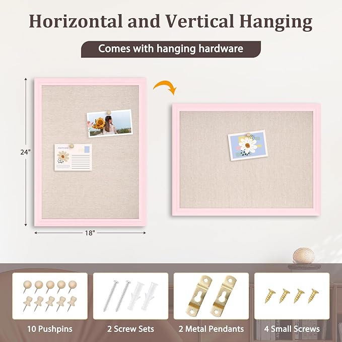 DOLLAR BOSS Bulletin Board with Linen 24'' x 18'' Pink Framed Cork Boards for Walls, Photo Display Pin Board, Decorative Corkboard for Office Home School Girls Dorm Decor with 10 Pushpins, White