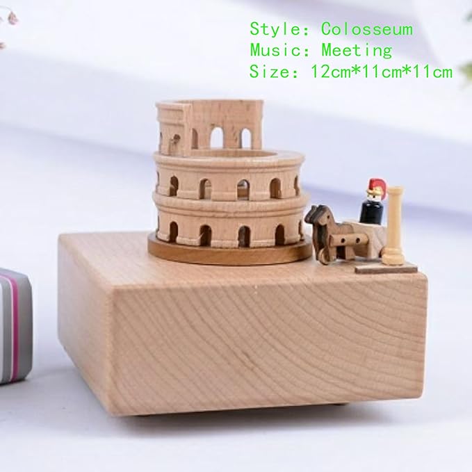 Natural Solid Wood Handcrafted Beech Wooden, Musical FigureTotoro/Carousel/Fairy/Ballerina Figurine,Rotating Hand Crank Mechanism Music Box,Musical Decorations (Colosseum)