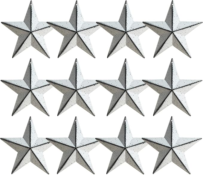 3.8-Inch Metal Barn Star，Metal Star for Outside Texas Stars Art Rustic Vintage Western Country Home Farmhouse Wall/Door Decor,Set of 12. (White)