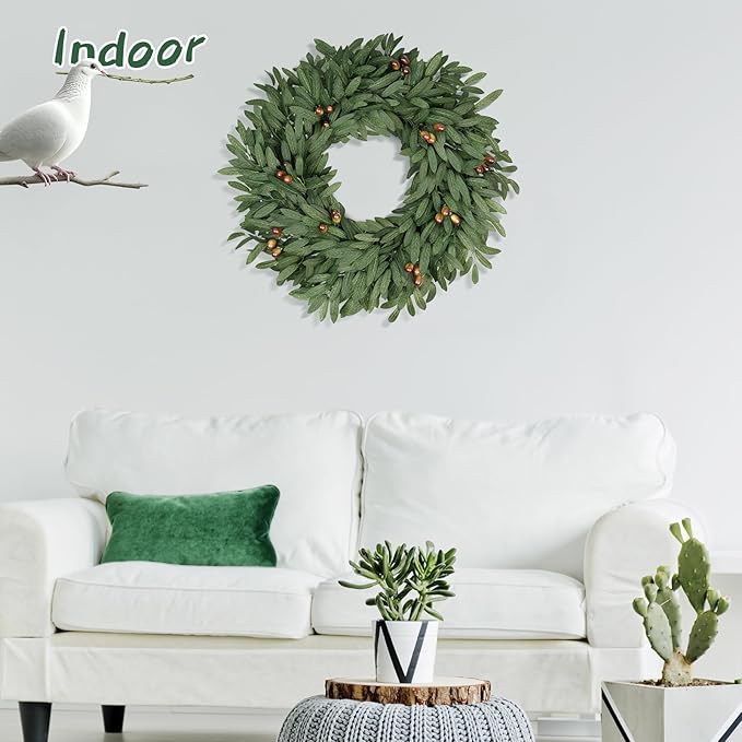 Olive Eucalyptu Wreaths for Front Door 24 Inch, Artificial Waterproof Green Lush Olive Branch Wreath with Berry for Home Outdoor Indoor Farmhouse Window Spring Summer All Seasons