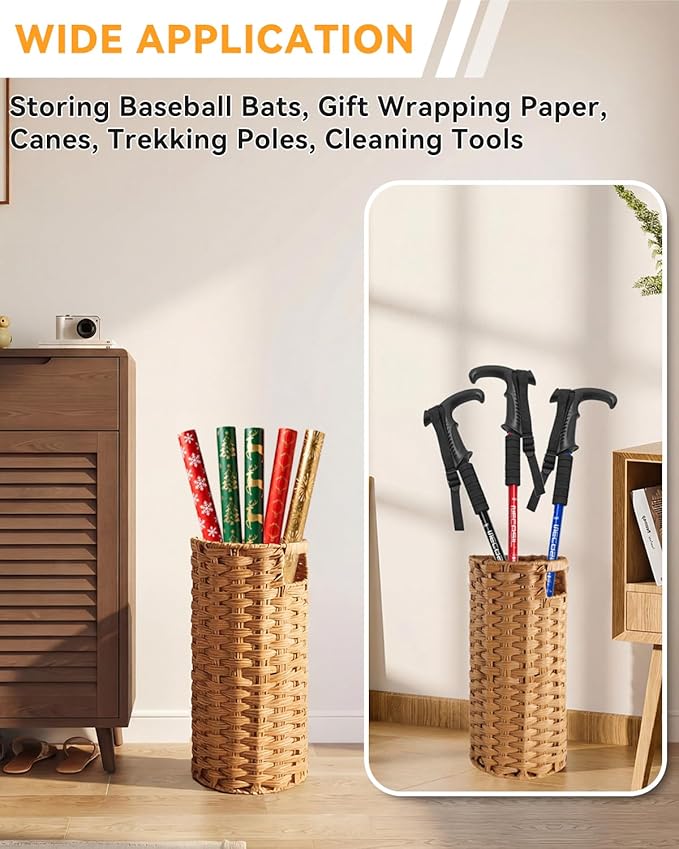 Rattan Umbrella Stand for Entryway,Hand-Woven Umbrella Holder Indoor with Doormat, Removable Drip Tray & 4 Hooks,Waterproof Umbrella Storage Basket