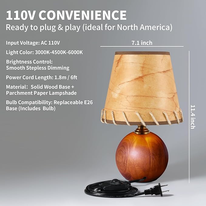Mid-Century Modern Table Lamp, Spherical Solid Walnut Wood Base, Imitation Parchment Shade with Hand-Stitched Rope, 3-Color Dimmable LED Bedside Lamp for Nightstand & Japandi Decor