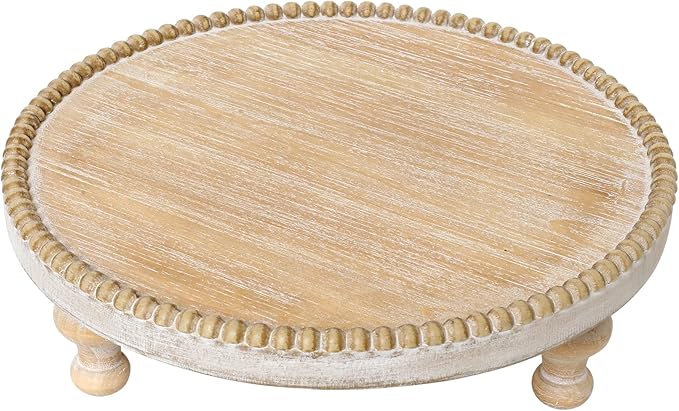 SwallowLiving Rustic Round Wood Tray Riser Farmhouse Pedestal Stand With Beaded Edge for Decor Wooden Finish Cupcake Display for Cakes and Decorative Items 11.8 inches