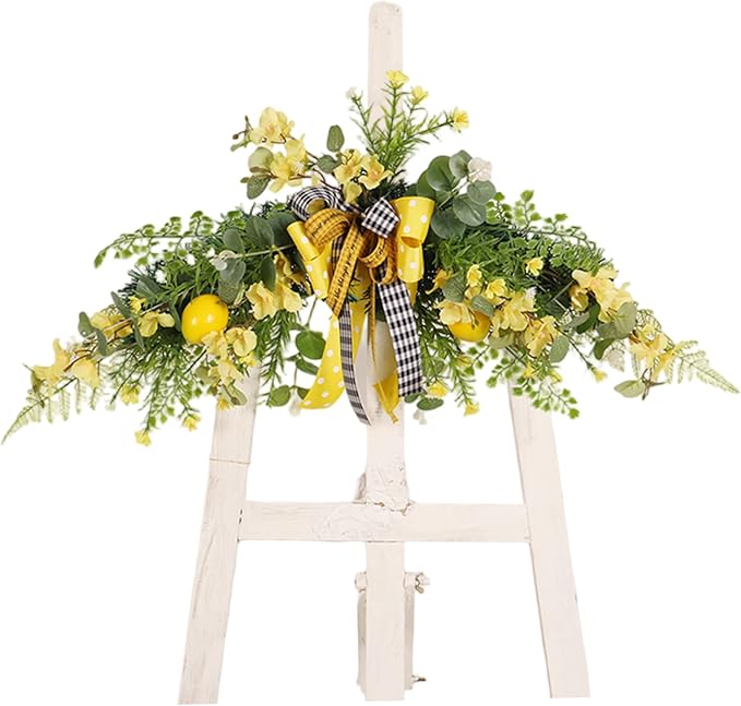 Flower Swag, 24 inch Floral Swag with Lemon, Decorative Wedding Welcome Sign with Large Bow for Wedding Arch Front Door Wall Home Decor.